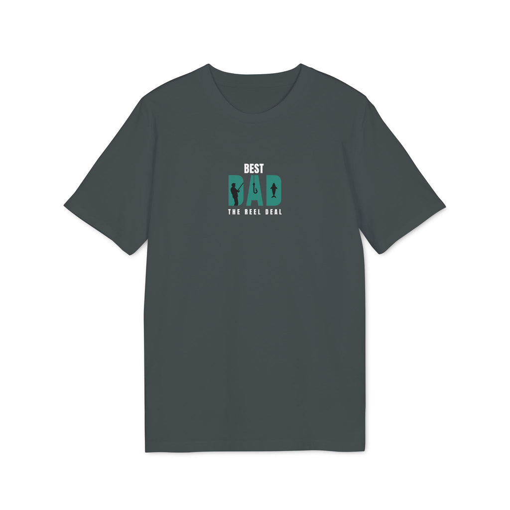 Anthracite gray t-shirt with small green “BEST DAD” paw/reel graphic, crew neck
