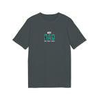 Anthracite gray t-shirt with small green “BEST DAD” paw/reel graphic, crew neck