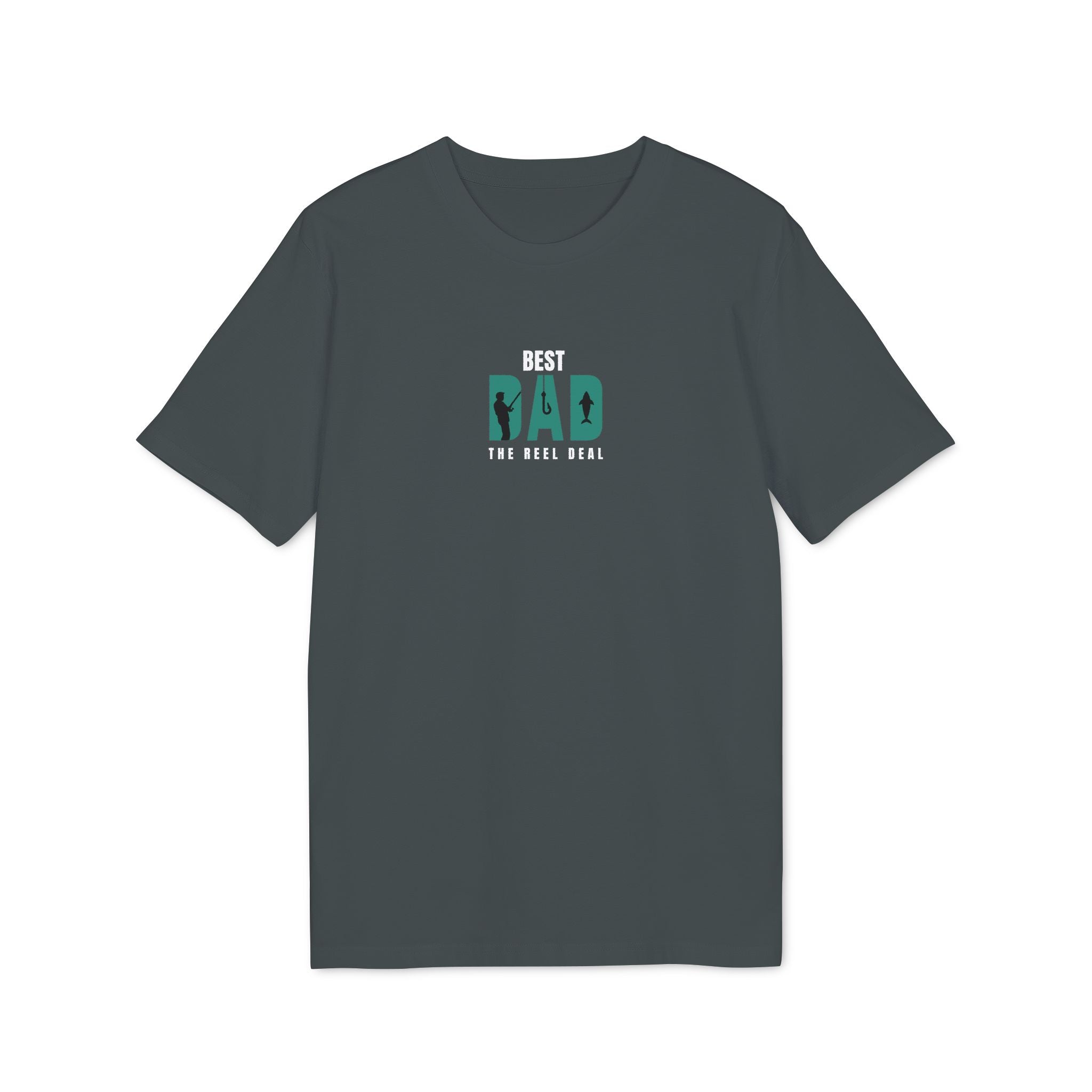 Anthracite gray t-shirt with small green “BEST DAD” paw/reel graphic, crew neck
