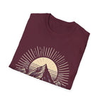 Maroon short-sleeve T-shirt with mountain sunrise “RISE ABOVE” graphic