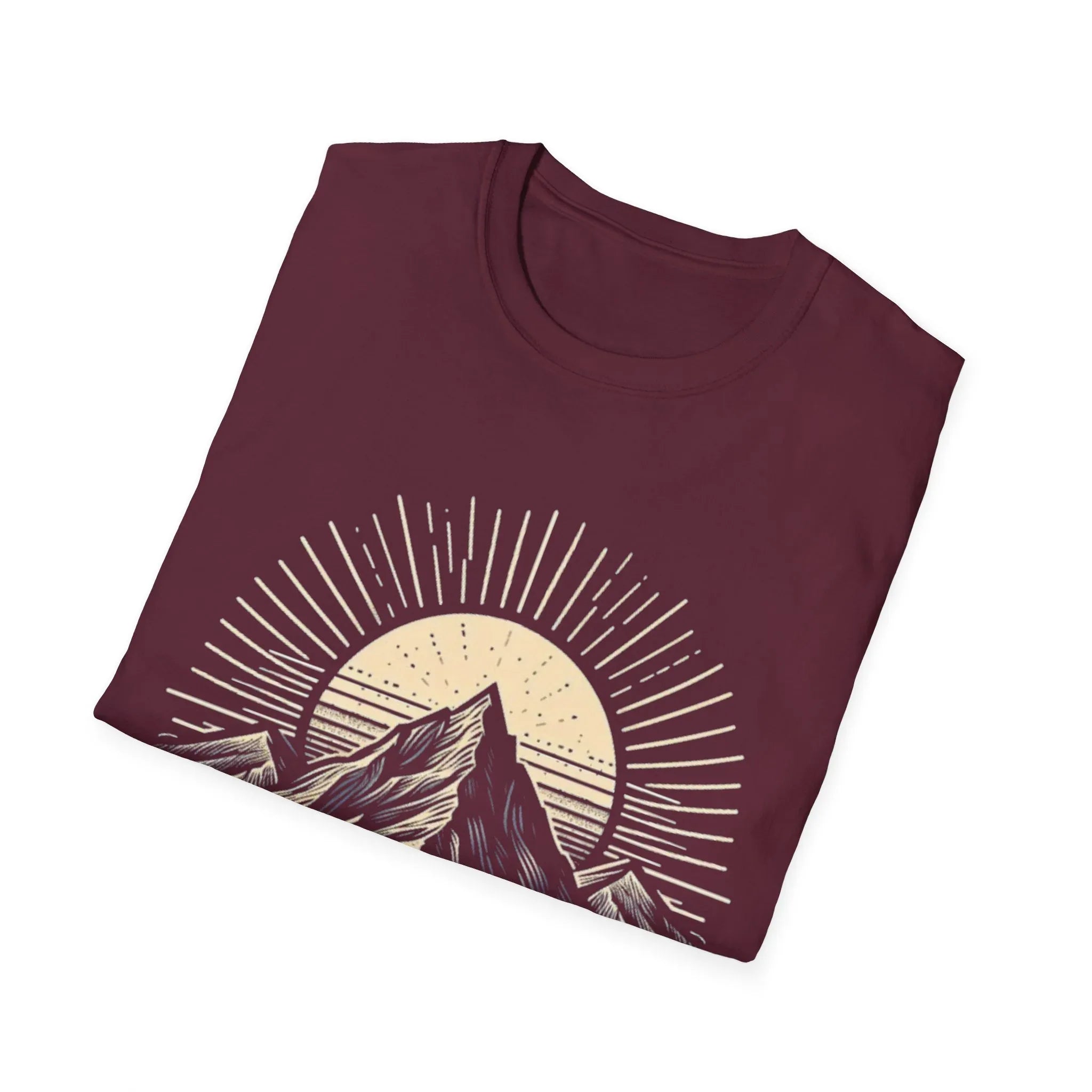 Maroon short-sleeve T-shirt with mountain sunrise “RISE ABOVE” graphic