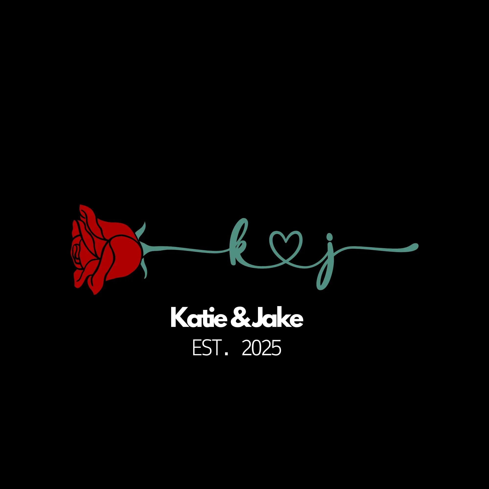Black tote bag design with red rose, 'Katie & Jake', and EST. 2025