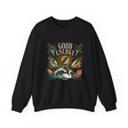 Black unisex sweatshirt with colorful “GOOD ENERGY” botanical bird design on front