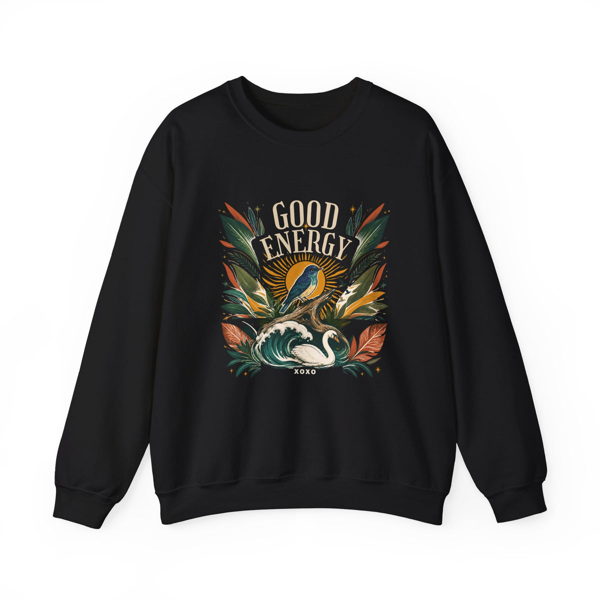 Black unisex sweatshirt with colorful “GOOD ENERGY” botanical bird design on front
