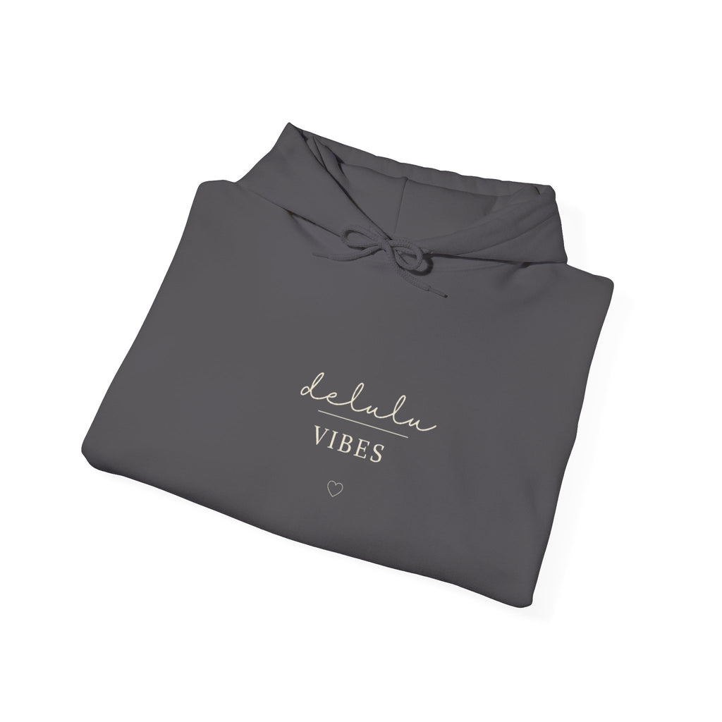 Forest green hoodie with kangaroo pocket, drawstring hood, and “delulu VIBES” print
