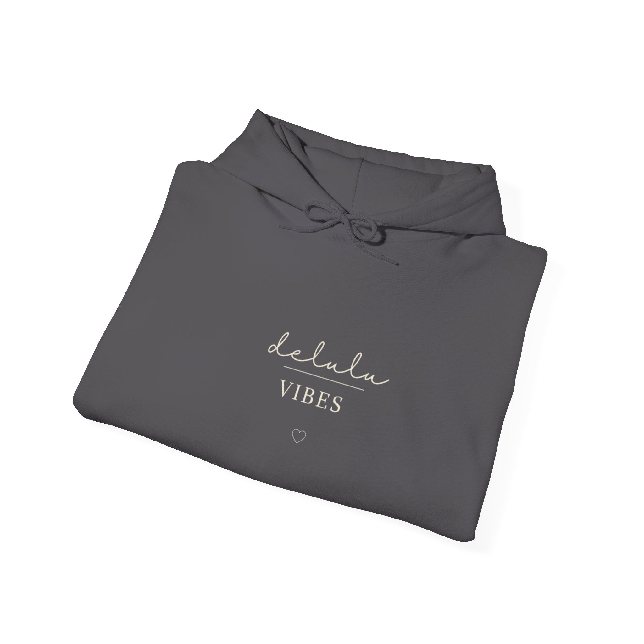 Forest green hoodie with kangaroo pocket, drawstring hood, and “delulu VIBES” print