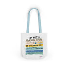 White tote bag with light blue handles and 'or afternoon one' slogan print