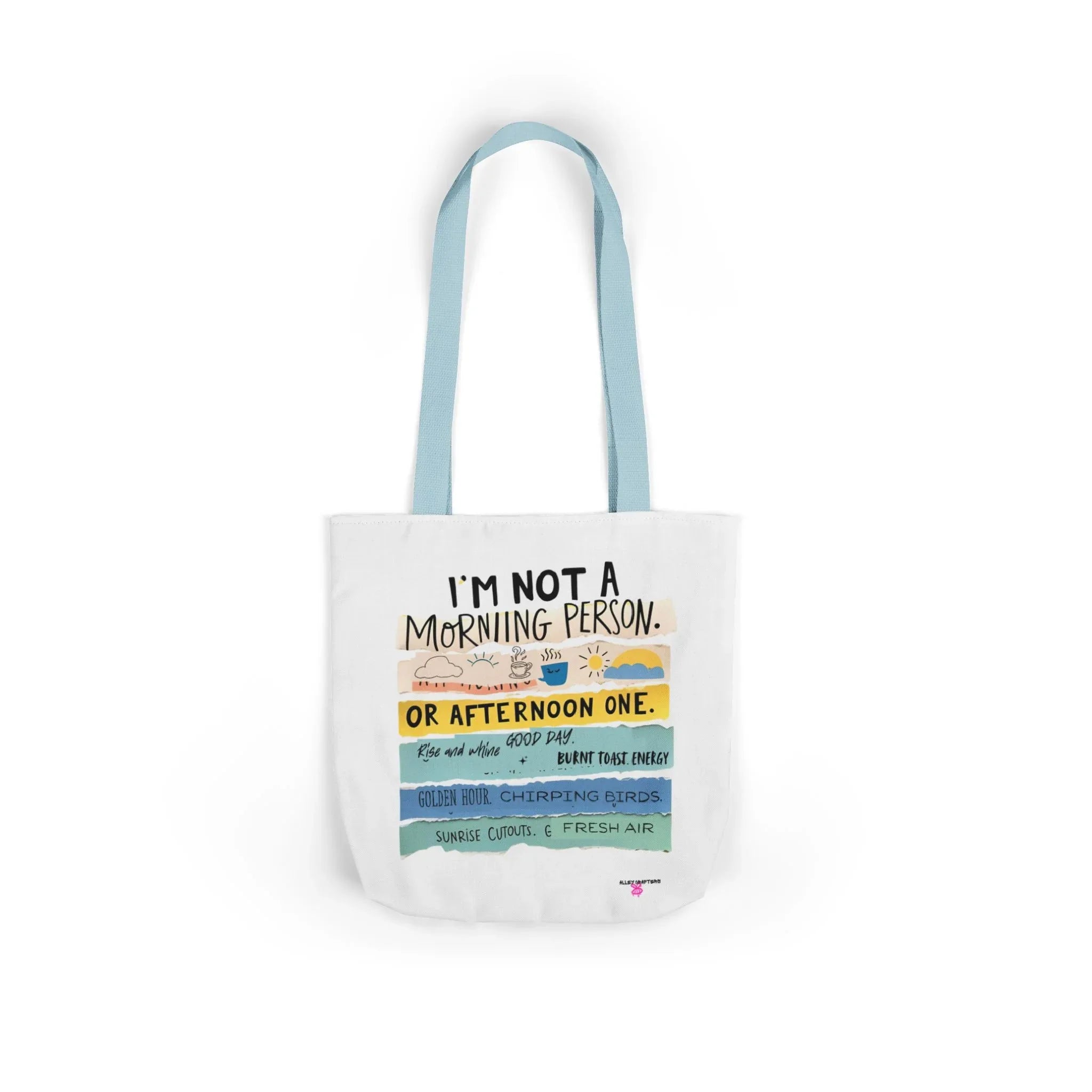 White tote bag with light blue handles and 'or afternoon one' slogan print