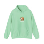 Mint green hooded sweatshirt with front pocket and chest graphic design