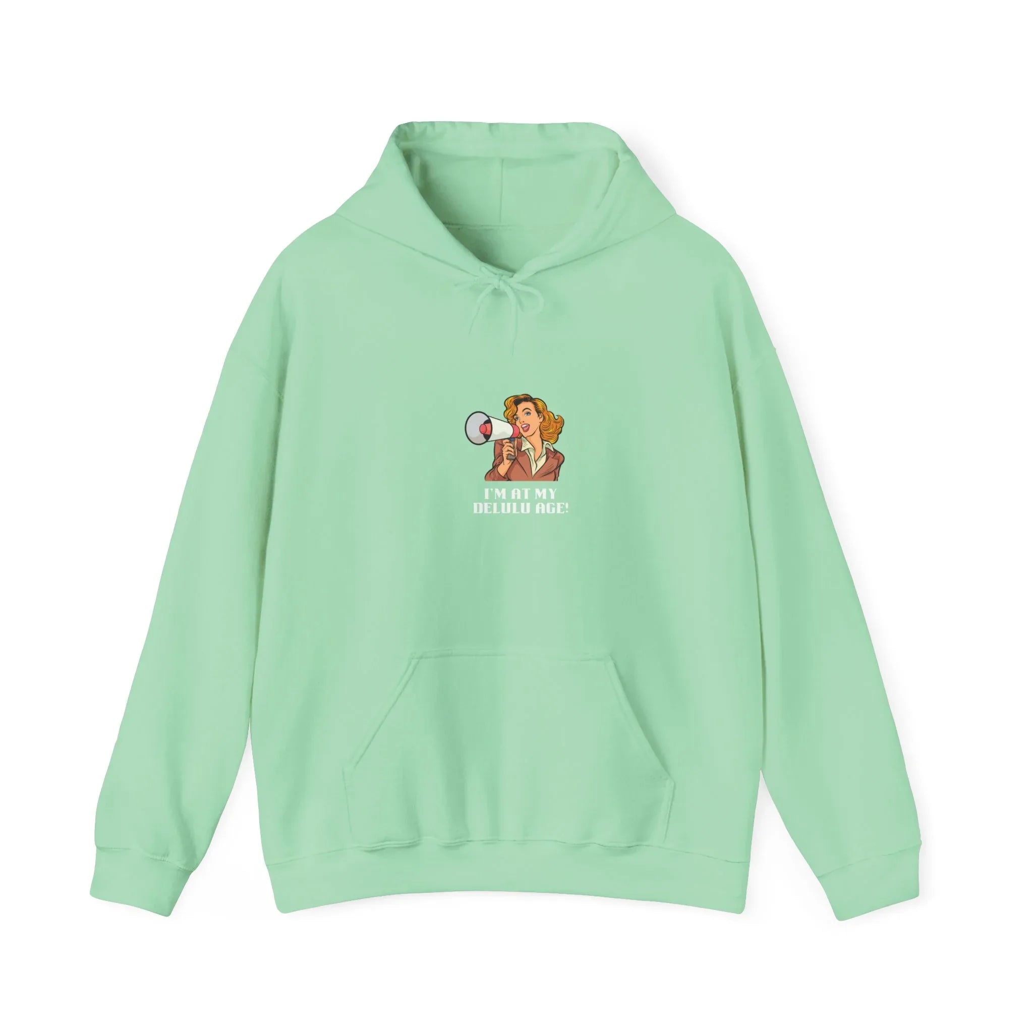 Mint green hooded sweatshirt with front pocket and chest graphic design