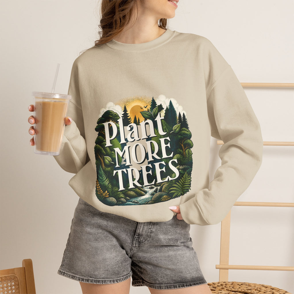 Sand beige crewneck sweatshirt with tree and forest graphic on front