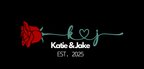 Personalised tote bag design: red rose with “Katie & Jake” and EST. 2025