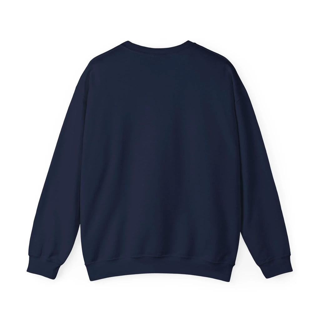 Navy crewneck cat birthday sweatshirt back view, plain design, long sleeves