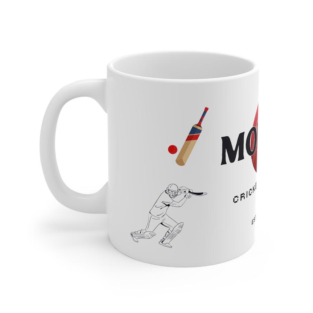 Personalised cricket mug with MO name and cricket bat-and-ball graphic, white ceramic
