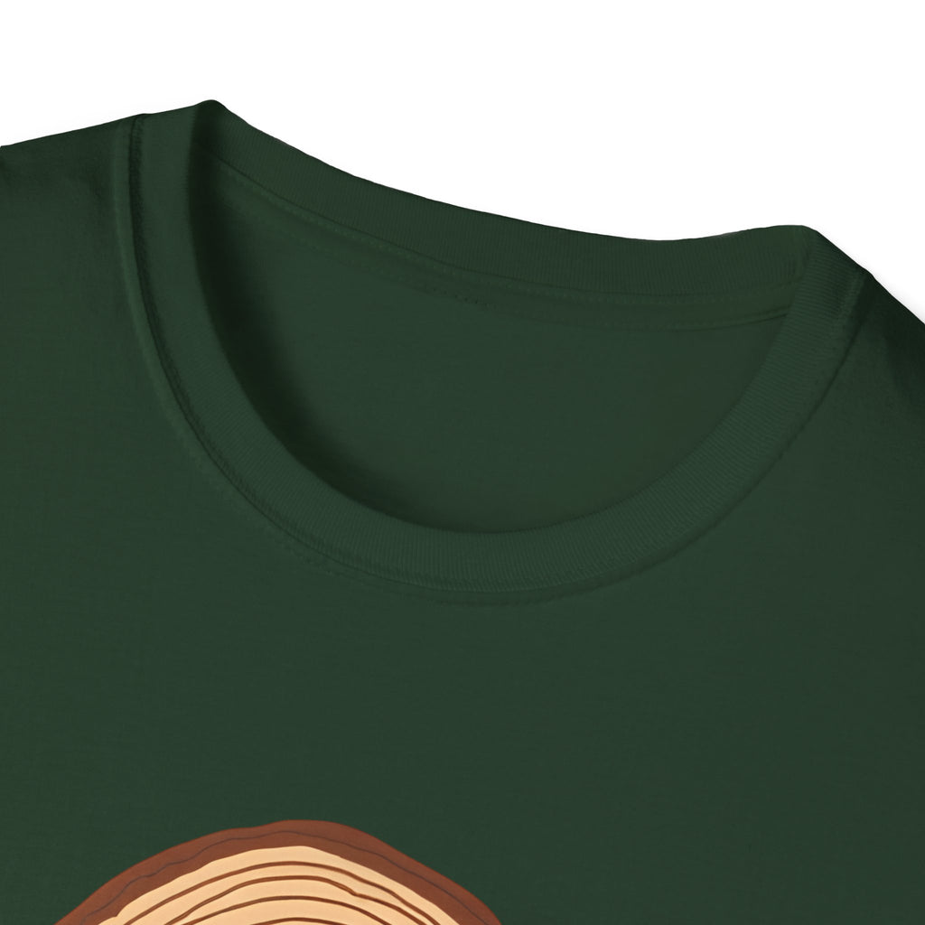 Dark green crewneck T-shirt, close-up of neckline