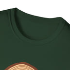 Dark green crewneck T-shirt, close-up of neckline