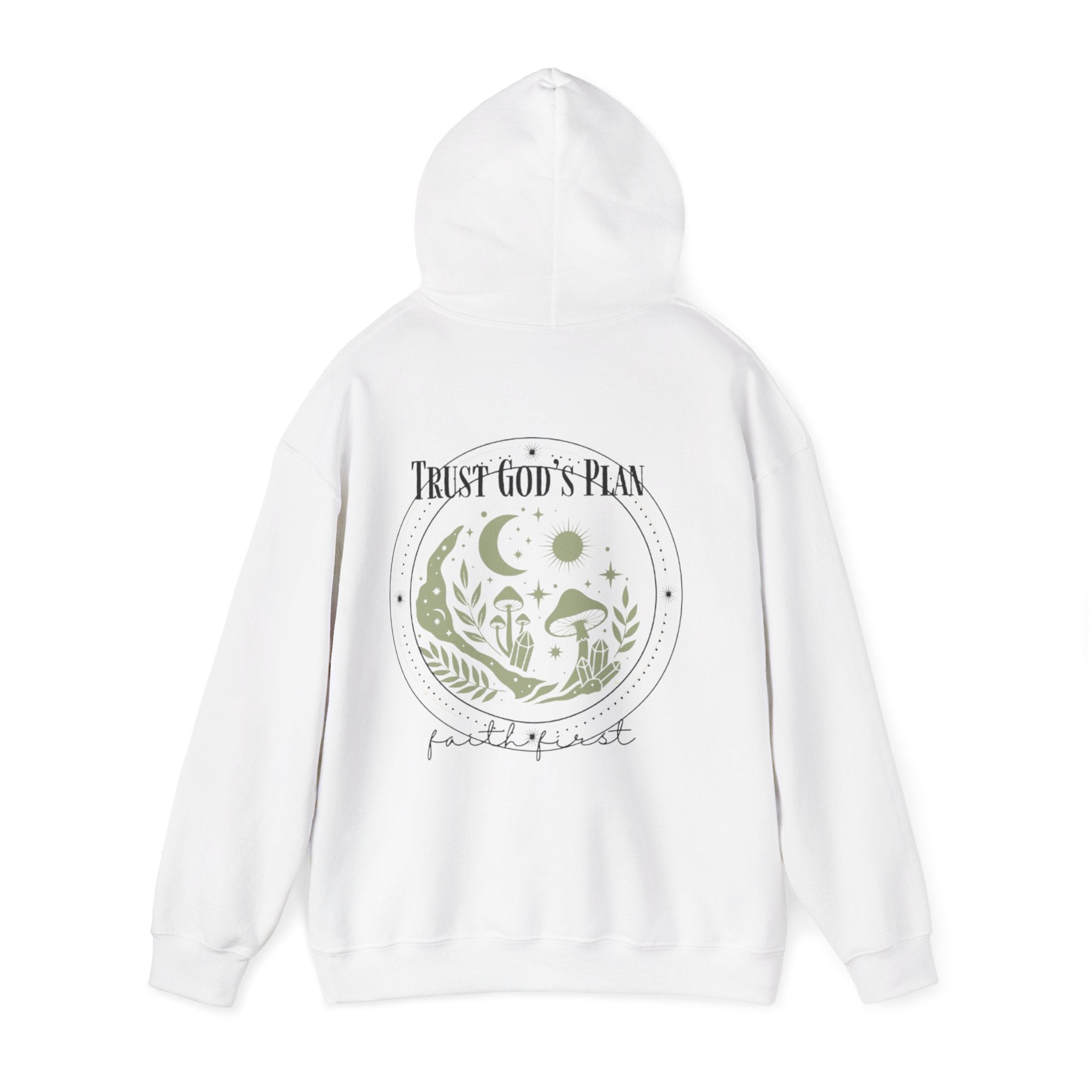 White pullover hoodie on model, hood up, back moon and “Trust God’s Plan” graphic