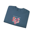 Blue crewneck sweatshirt with “Birthday Girl” text and floral heart graphic