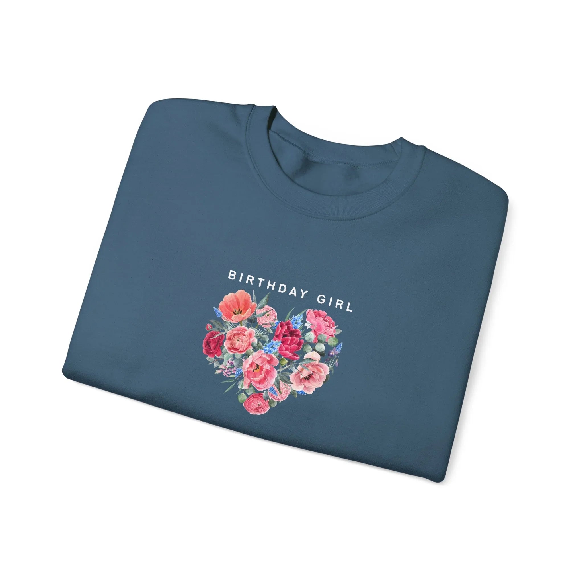 Blue crewneck sweatshirt with “Birthday Girl” text and floral heart graphic