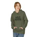 Dark green hoodie pullover with green "WILD INSIDE" graphic on the front