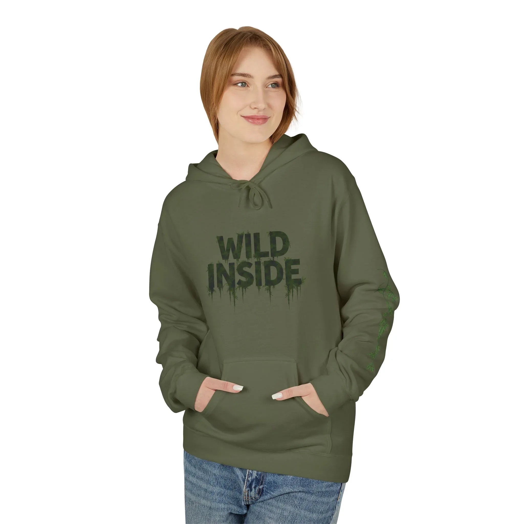 Dark green hoodie pullover with green "WILD INSIDE" graphic on the front