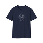 Navy unisex T-shirt with centered 'unplug to recharge' phone and floral graphic