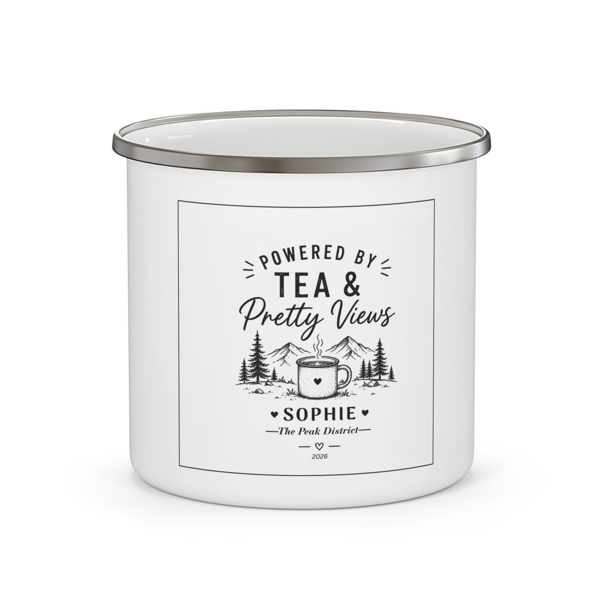Enamel Camping Mug — Powered by Tea & Pretty Views