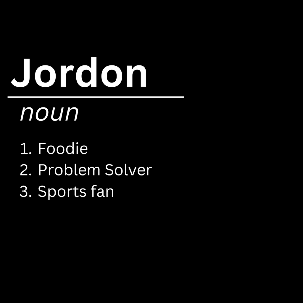 Black mug with Jordan noun definition text and list: Foodie, Problem Solver, Sports fan