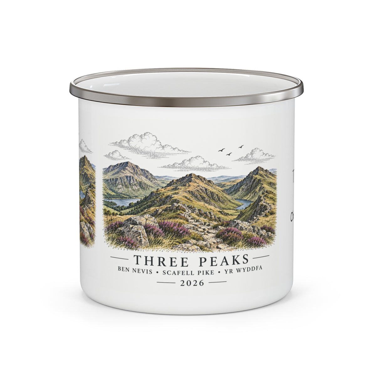 White enamel mug with Three Peaks landscape and "THREE PEAKS" text, silver rim