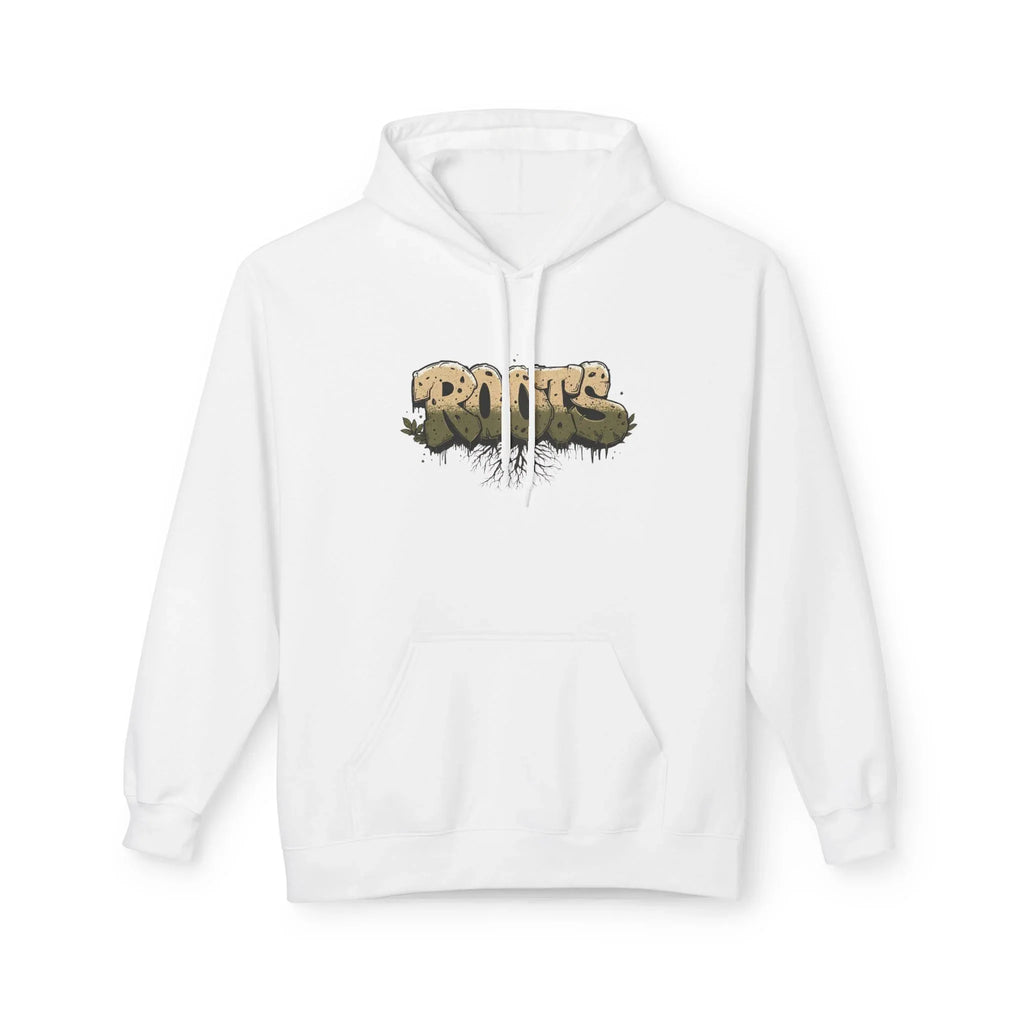 White hoodie with drawstring hood, kangaroo pocket, and centered 'ROOTS' graphic.