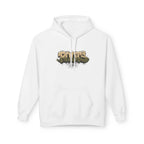 White hoodie with drawstring hood, kangaroo pocket, and centered 'ROOTS' graphic.