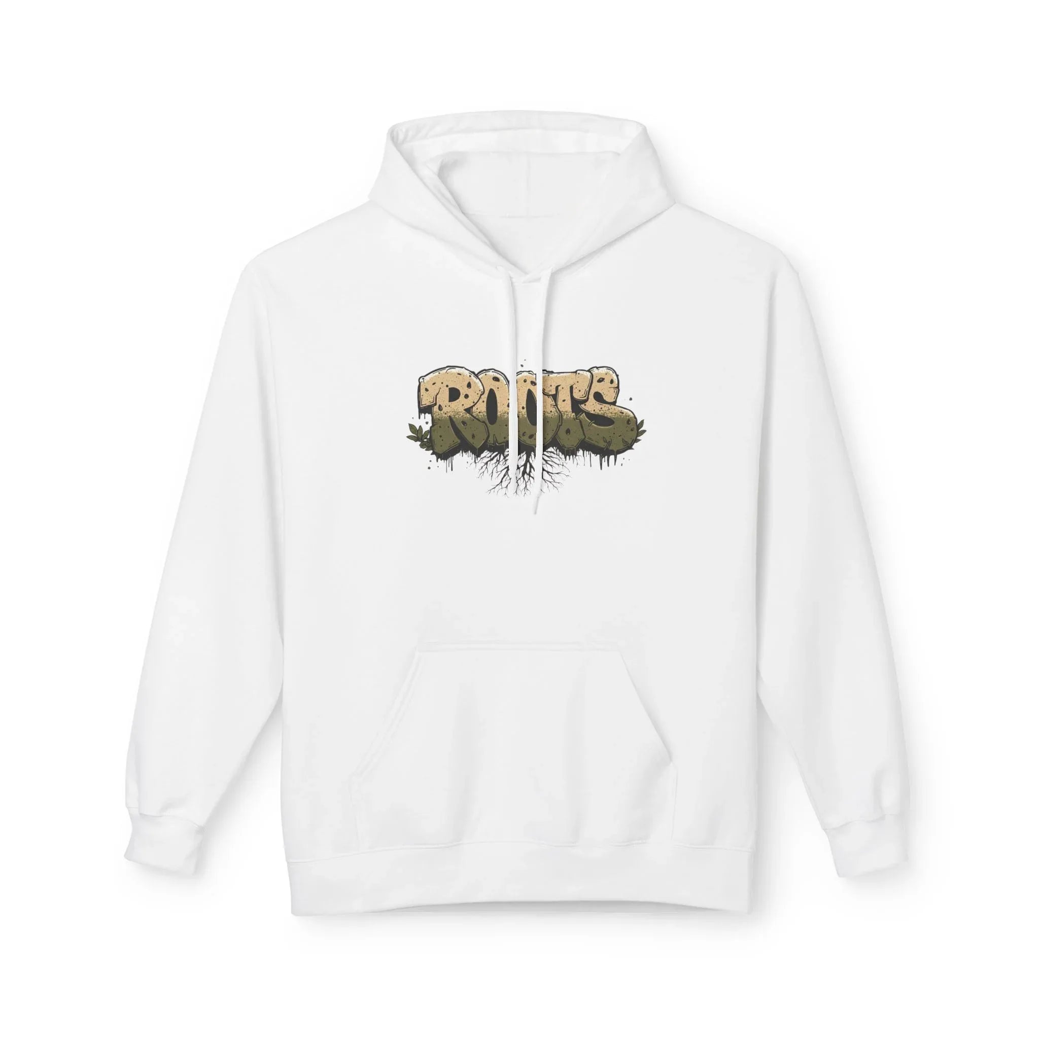 White hoodie with drawstring hood, kangaroo pocket, and centered 'ROOTS' graphic.