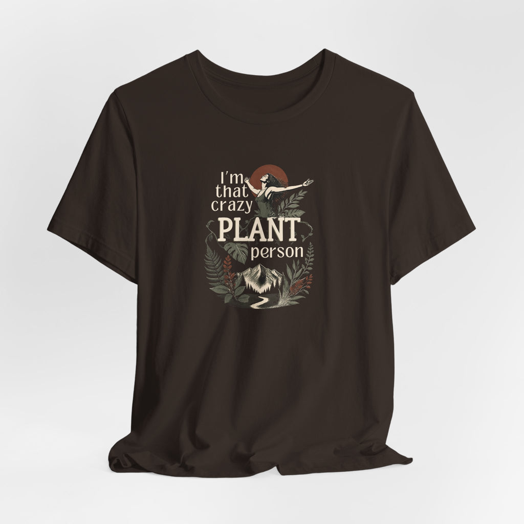 Brown plant lover t-shirt with 'crazy plant person' botanical graphic, crew neck