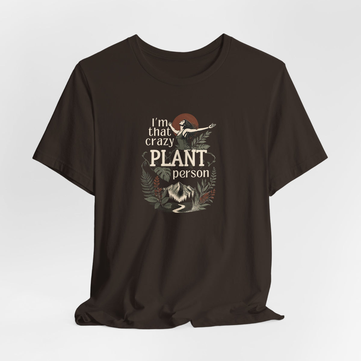 Brown plant lover t-shirt with 'crazy plant person' botanical graphic, crew neck