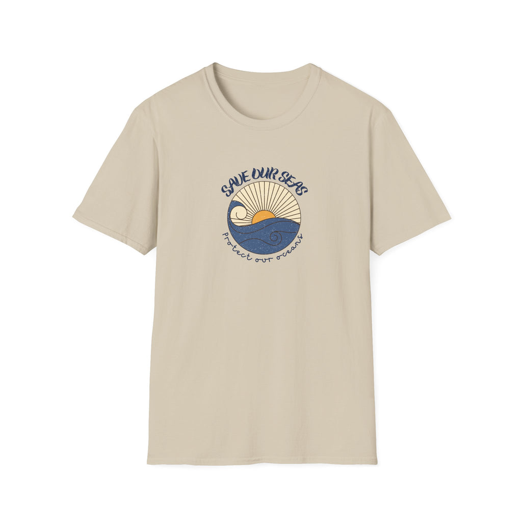 Natural T-shirt with Save Our Seas retro ocean wave conservation graphic