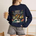 Navy unisex sweatshirt with large botanical “Good Energy” front graphic