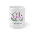 White ceramic mug with colorful Eid Mubarak calligraphy and name Maricam