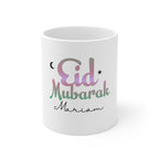White ceramic mug with colorful Eid Mubarak calligraphy and name Maricam