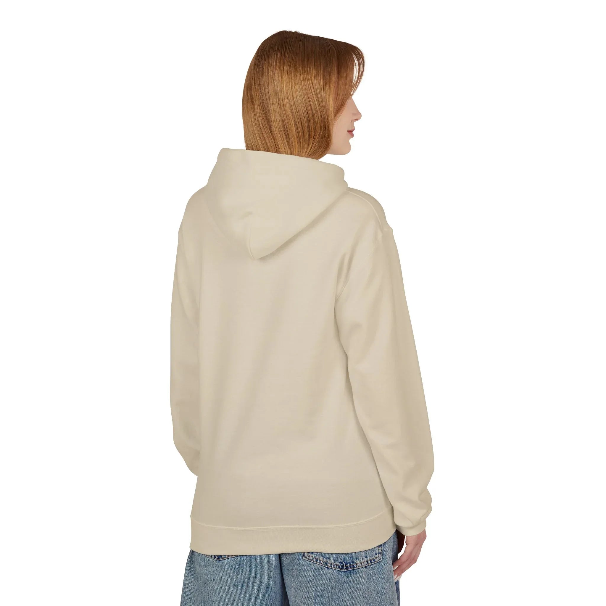 Sand pullover hoodie with a plain back and hood; long sleeves