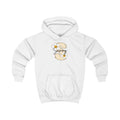 Kids white hoodie with hood, long sleeves, and front pocket; small floral name logo