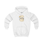Kids white hoodie with hood, long sleeves, and front pocket; small floral name logo