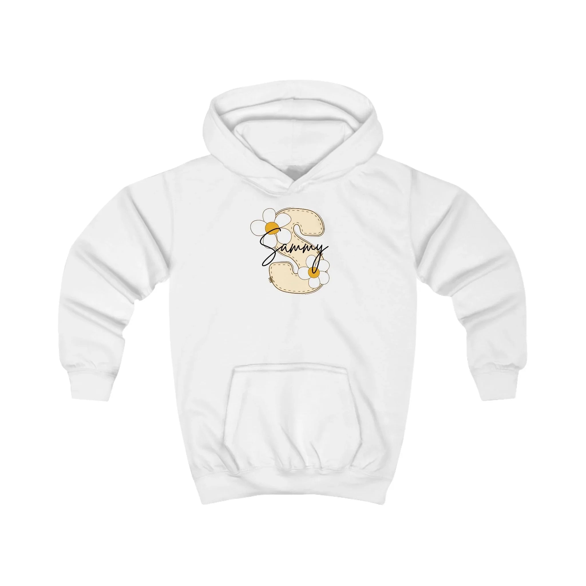 Kids white hoodie with hood, long sleeves, and front pocket; small floral name logo