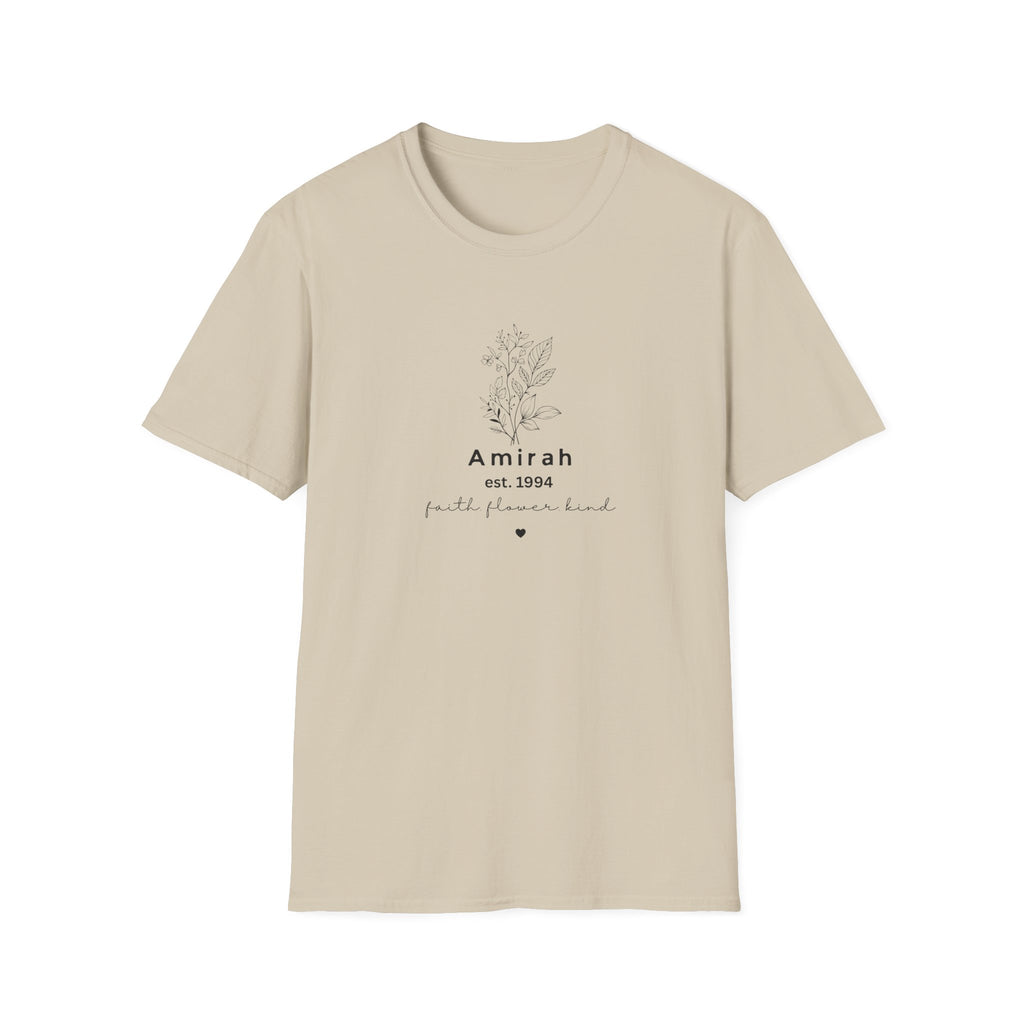 Personalized Floral Name T-Shirt — “Amirah est. 1994” Minimal Botanical Tee