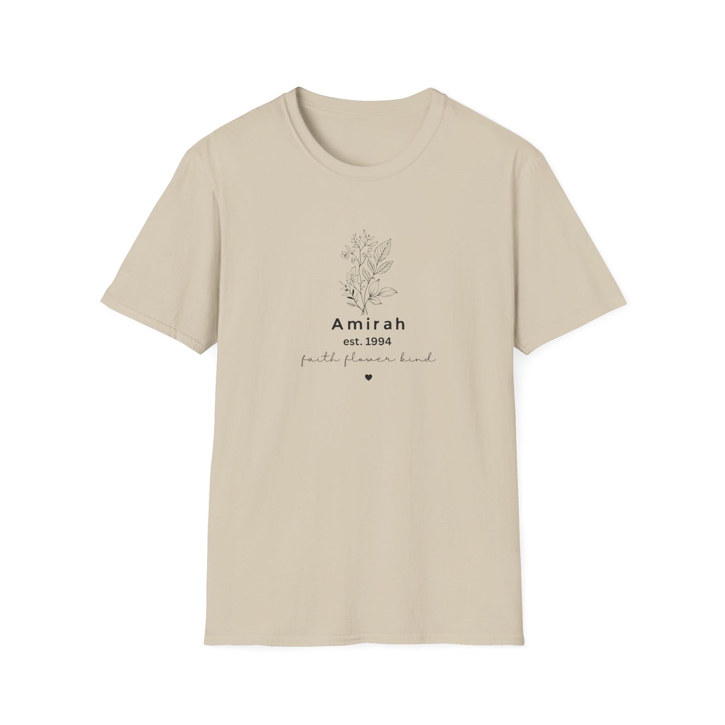 Personalized Floral Name T-Shirt — “Amirah est. 1994” Minimal Botanical Tee