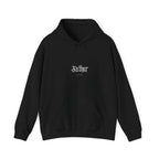 Black pullover hoodie with front pocket, hood drawstring, and small chest logo.