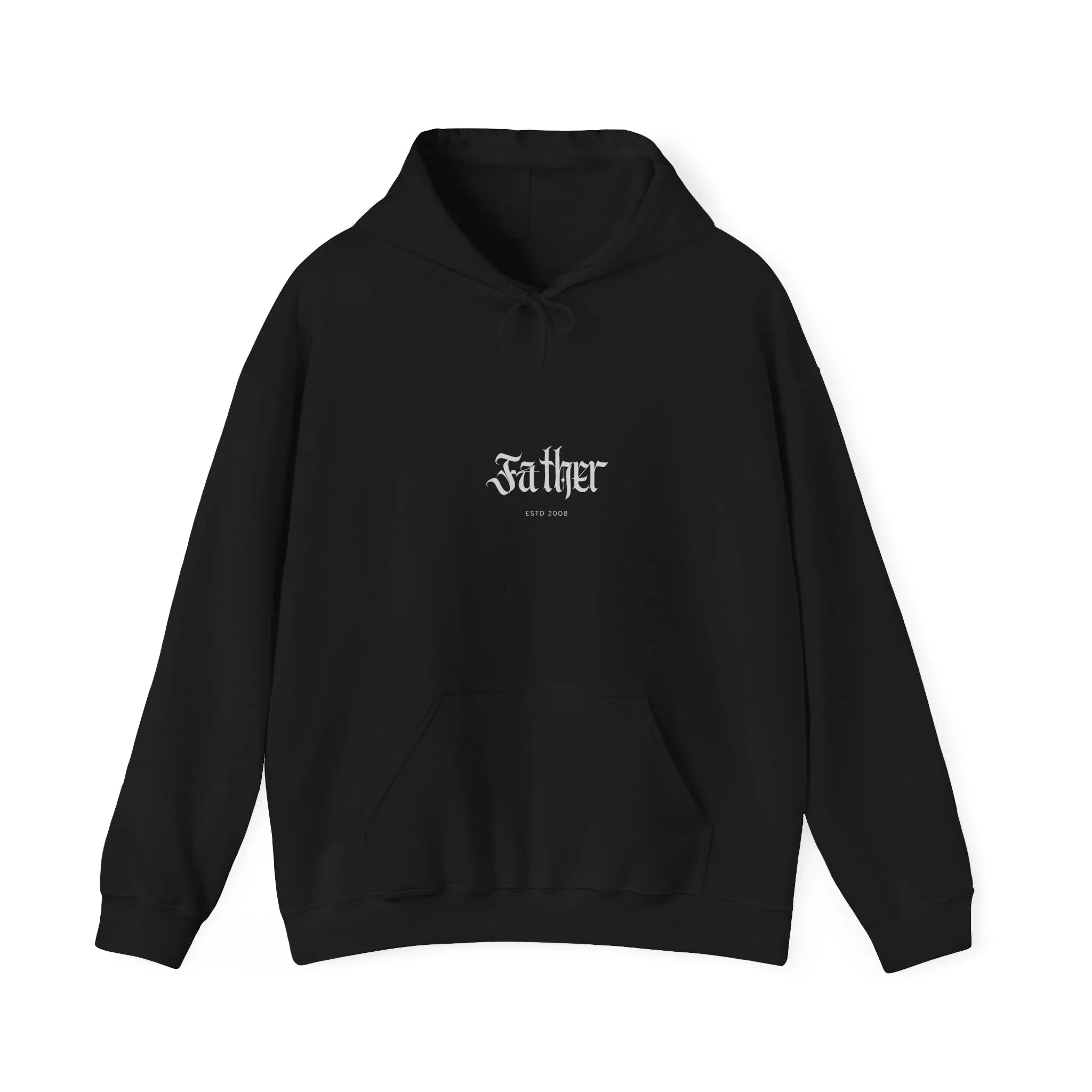 Black pullover hoodie with front pocket, hood drawstring, and small chest logo.