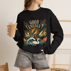 Black unisex sweatshirt with large botanical “Good Energy” front graphic