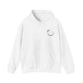 White unisex yoga hoodie with drawstring hood and front kangaroo pocket, small chest emblem.