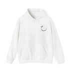 White unisex yoga hoodie with drawstring hood and front kangaroo pocket, small chest emblem.