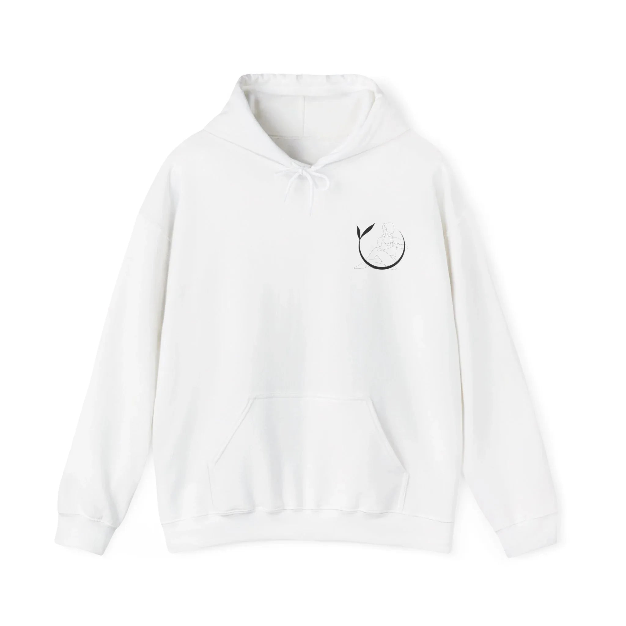 White unisex yoga hoodie with drawstring hood and front kangaroo pocket, small chest emblem.